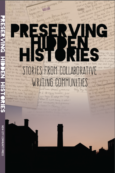 Cover of Preserving Hidden Histories, which displays a black skyline over a collaged background of documents.